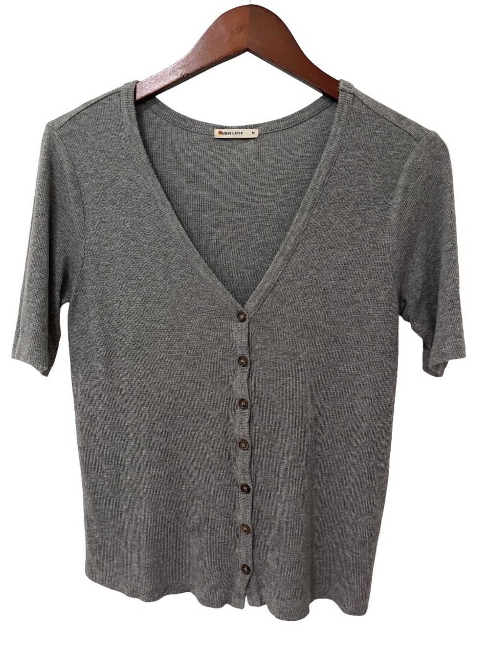 Marine Layer Womens Medium Gray Ribbed V Neck Button Front Short Sleeve Top
